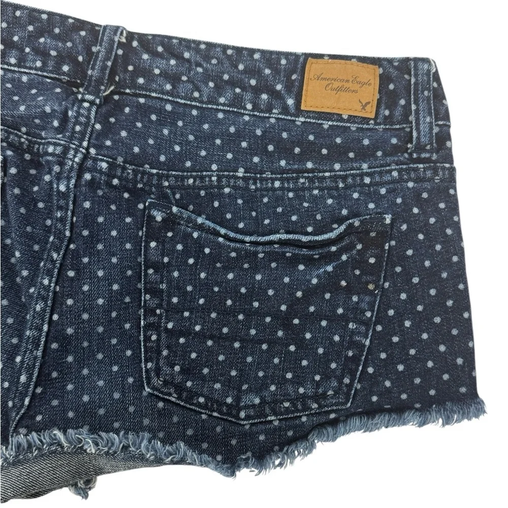 American Eagle Outfitters Low Rise Blue Polka Dot Cut Off Raw Hem Denim Shorts 4